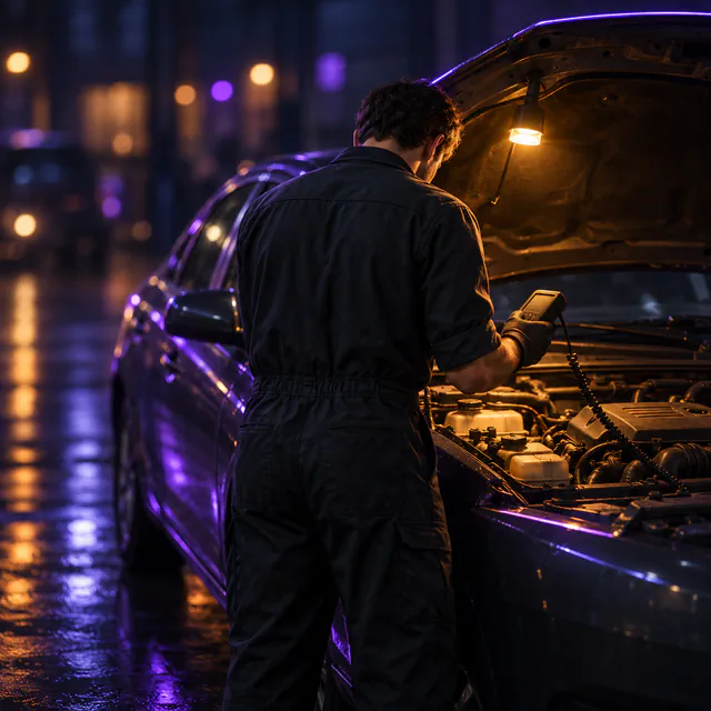 Mecánico de espaldas conectando el escáner de diagnóstico al motor de un carro